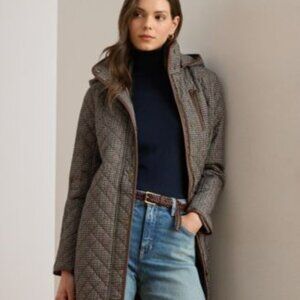 NEW Ralph Lauren Hooded Quilted Coat S Merlot Houndstooth